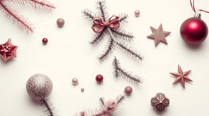 Obraz premium Festive Christmas decorations arranged on a white background.