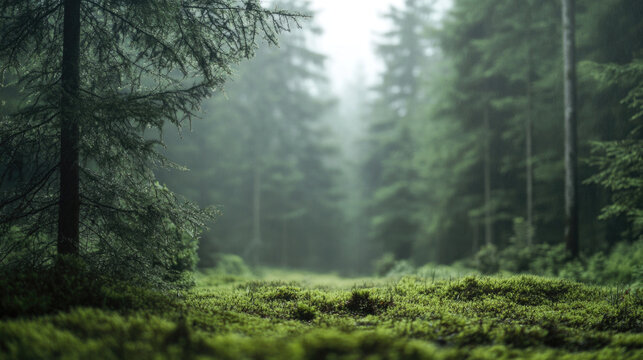 misty green forest with tall pine trees and moss covered ground creating peaceful nature scene

