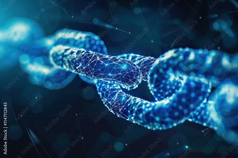 Poster blockchain technology creating a secure digital chain connecting data with a blue background