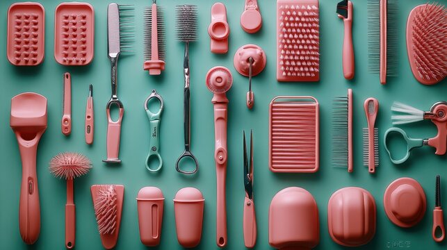 Pink hair styling tools set including scissors comb brushes clips curlers hairdryer arranged on turquoise background, perfect for beauty salon, hairstyling tutorials, fashion shoots, feminine aesthet