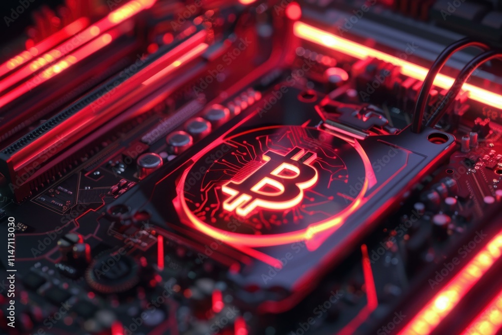 Aufkleber glowing bitcoin symbol on a circuit board representing the concept of cryptocurrency mining