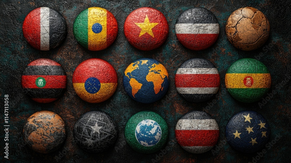Poster a collection of textured round flags representing various countries and a globe.