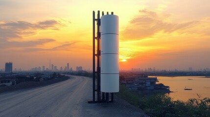 White road signpost with metal frame, standing next to highway at sunset, urban cityscape background, perfect for traffic, transportation, travel, and infrastructure concepts warm orange sky