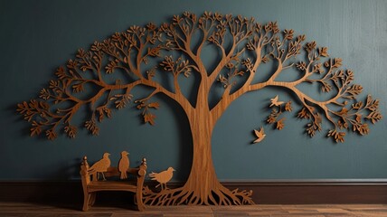 Wooden tree wall art with birds and bench.