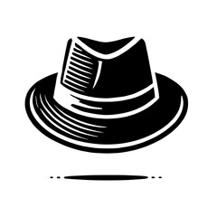 Classic Fedora Hat:  A stylish monochrome illustration of a fedora hat, perfect for vintage designs, retro aesthetics, and fashion illustrations.