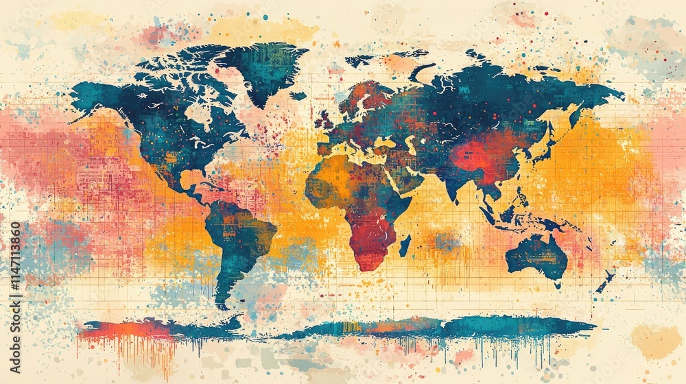 Poster a colorful artistic representation of a world map with vibrant splashes of color.