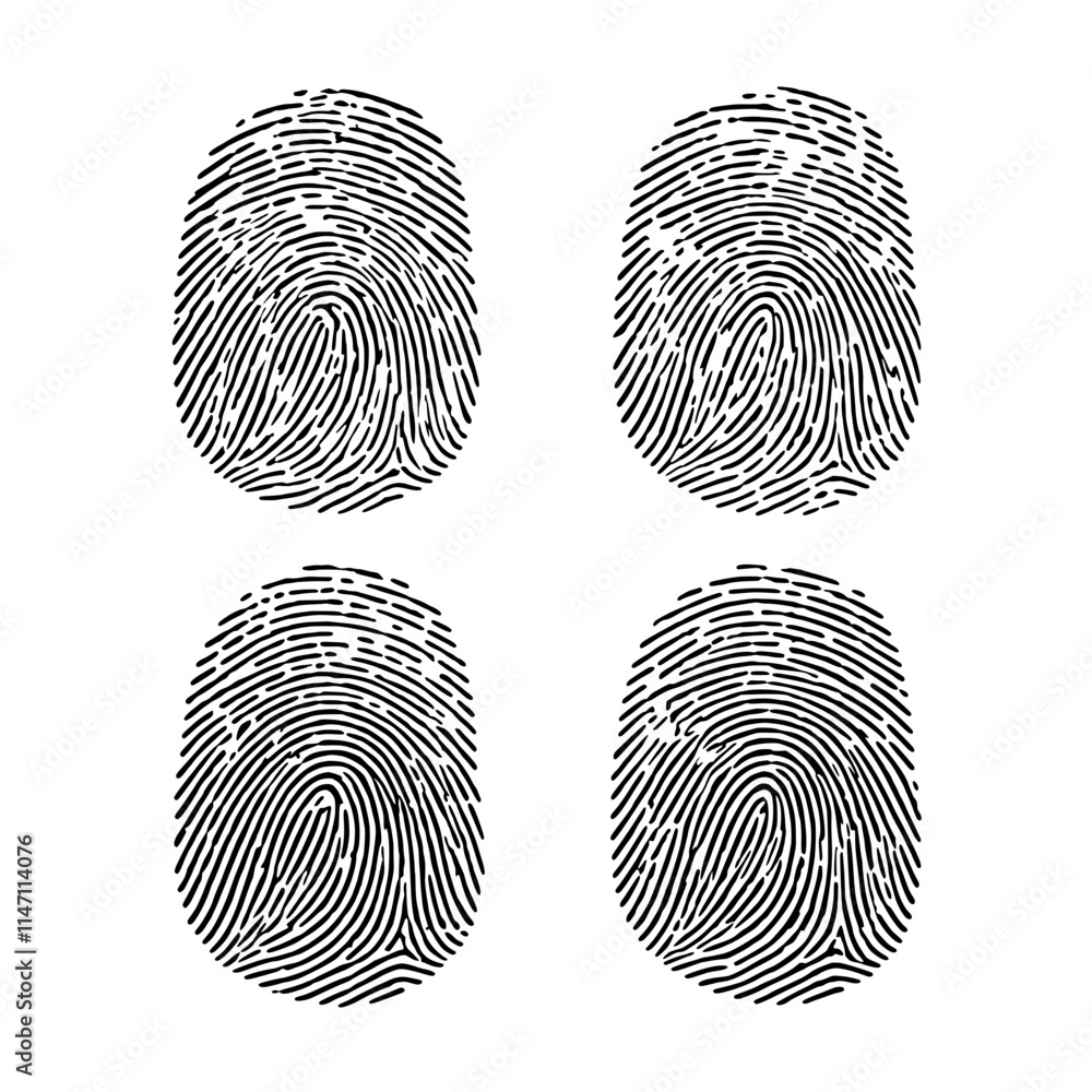 Aufkleber fingerprint variations: a set of four distinct fingerprint images, showcasing unique patterns and te