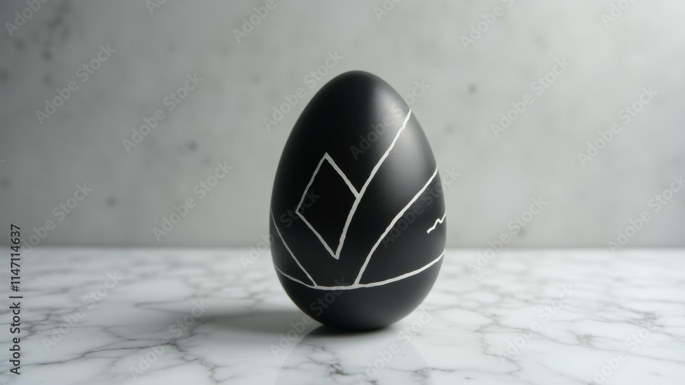 Poster the image is a close-up of a black egg on a white marble surface. the egg is oval-shaped and has a s