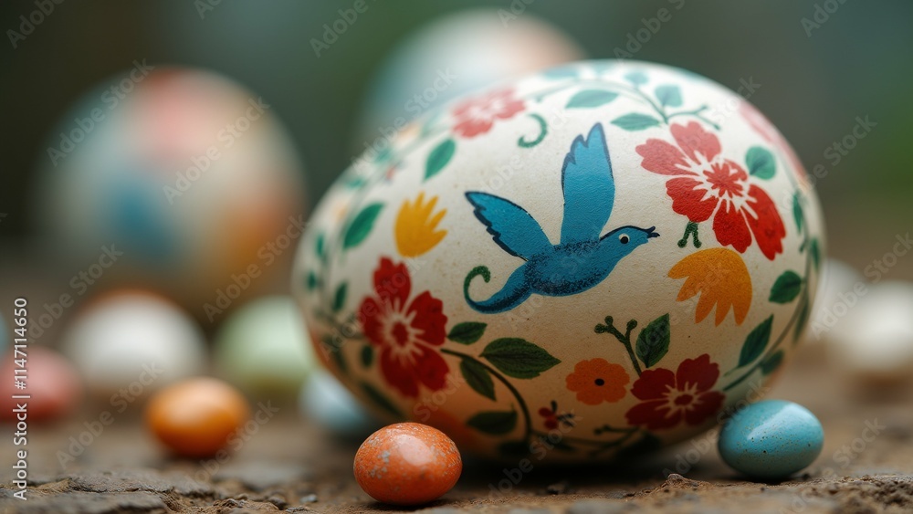 Poster the image is a close-up of an easter egg with a colorful design on it. the egg is round and has a wh