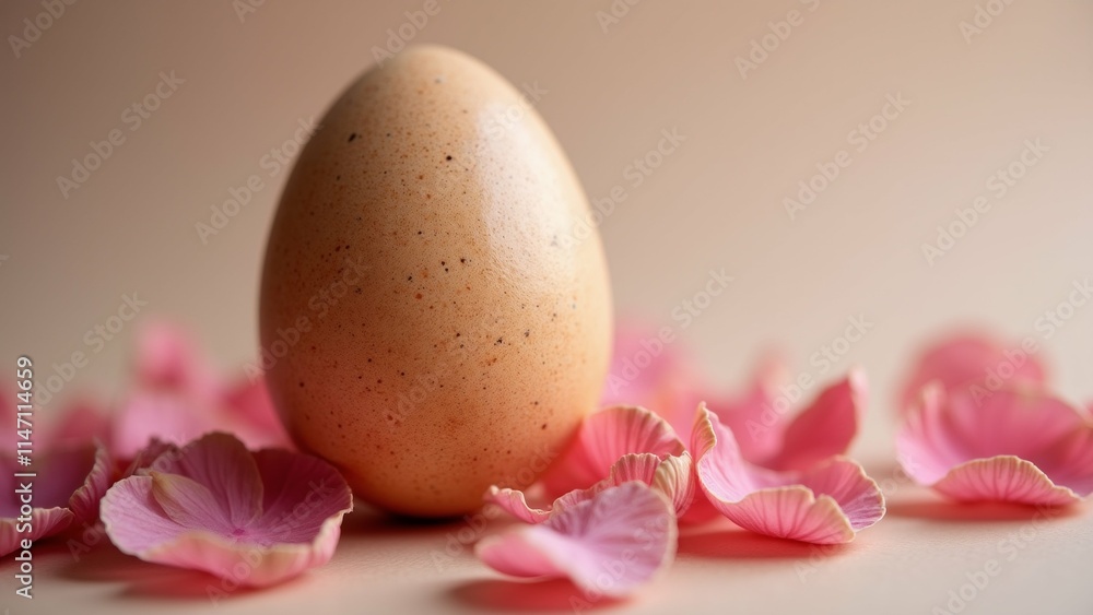 Poster the image is a close-up of an egg on a beige background. the egg is oval-shaped and has a light brow