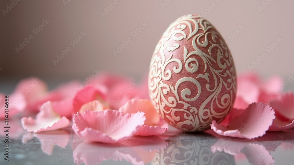 Poster the image is a close-up of an easter egg on a reflective surface. the egg is oval-shaped and has a p