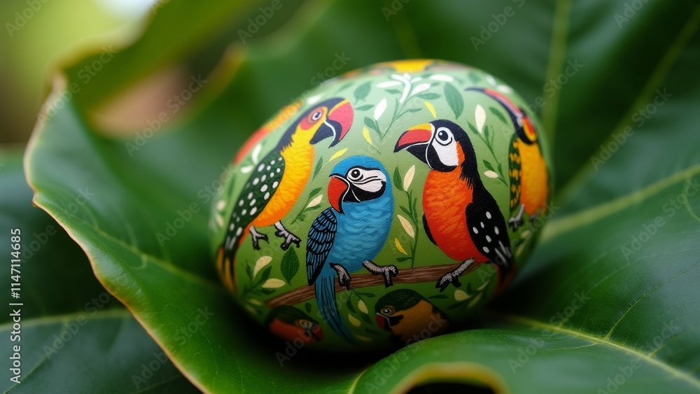 Poster the image is a close-up of a round, colorful ball with a pattern of parrots on it. the ball is resti