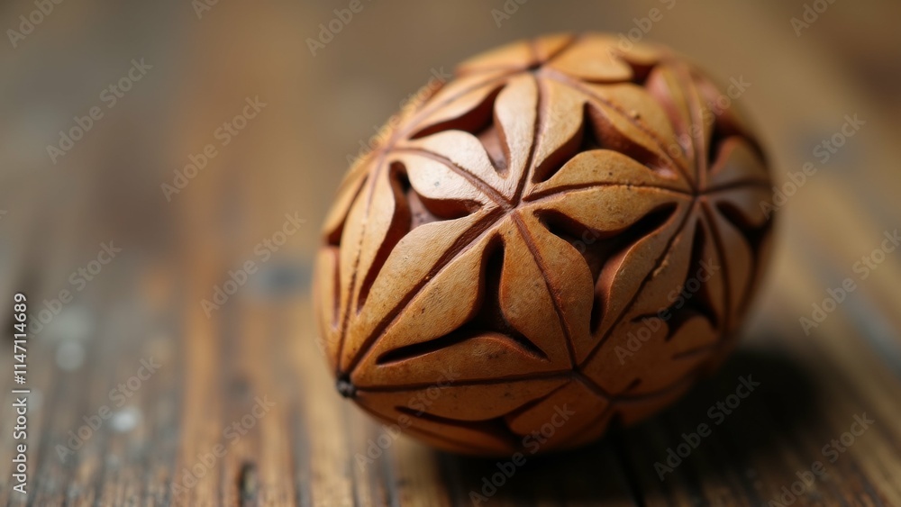 Poster the image is a close-up of a small, round object on a wooden surface. the object appears to be made 