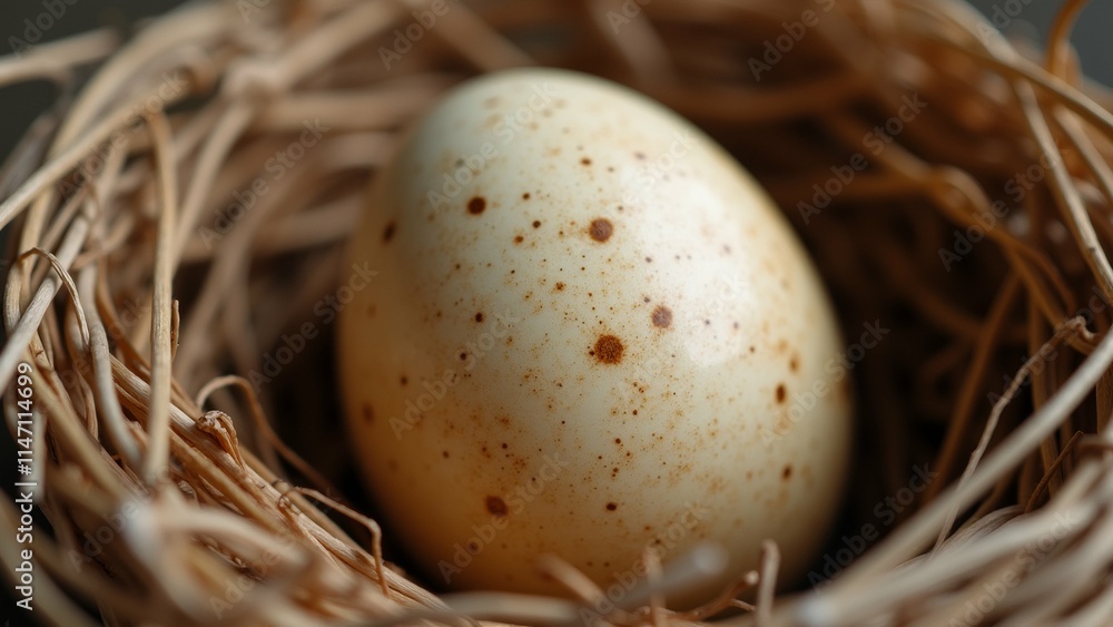 Poster the image is a close-up of a single egg in a nest. the egg is white with brown speckles scattered ac