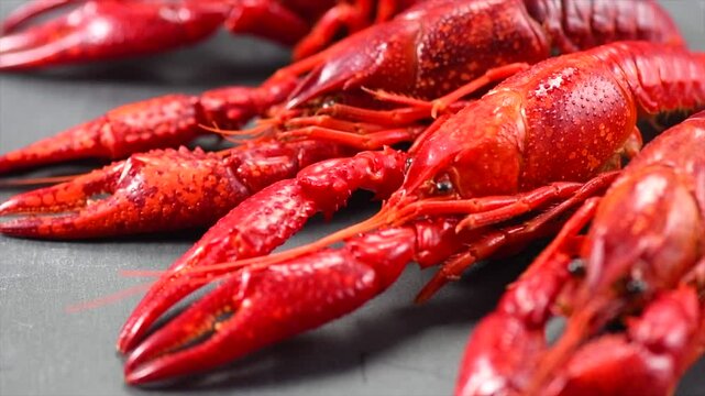 Crayfish, Crawfish closeup. Red boiled crayfishes on stone slate dark background. Crawfishes. Fresh Lobster closeup, slow motion rotating background. Close-up. 