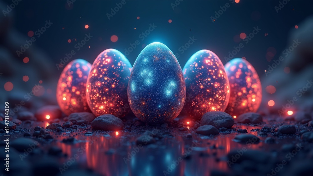 Poster the image shows a group of five glowing easter eggs on a dark background. the eggs are arranged in a