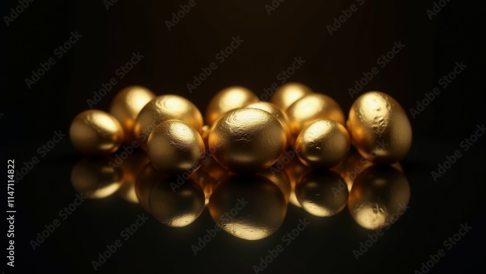 Poster the image shows a group of small, round, golden objects arranged in a scattered manner on a black su