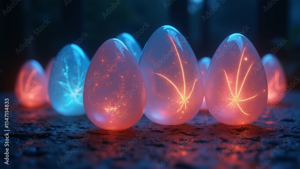 Poster the image shows a group of six transparent eggs arranged in a row on a dark surface. the eggs are of
