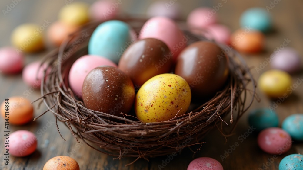Poster the image shows a nest filled with colorful easter eggs. the nest is made of twigs and is placed on 