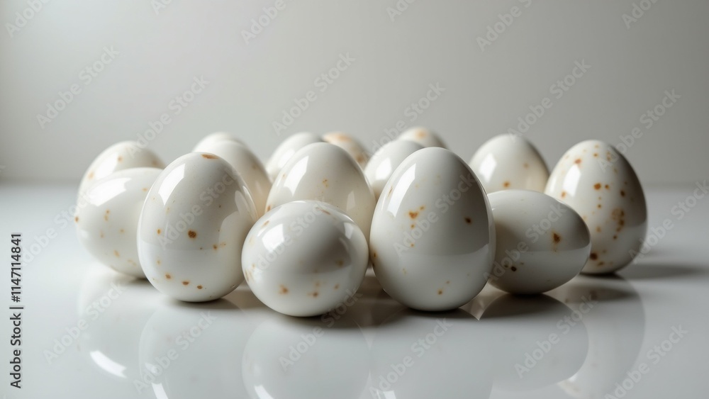 Poster the image shows a group of white eggs arranged in a row on a white surface. the eggs are of differen