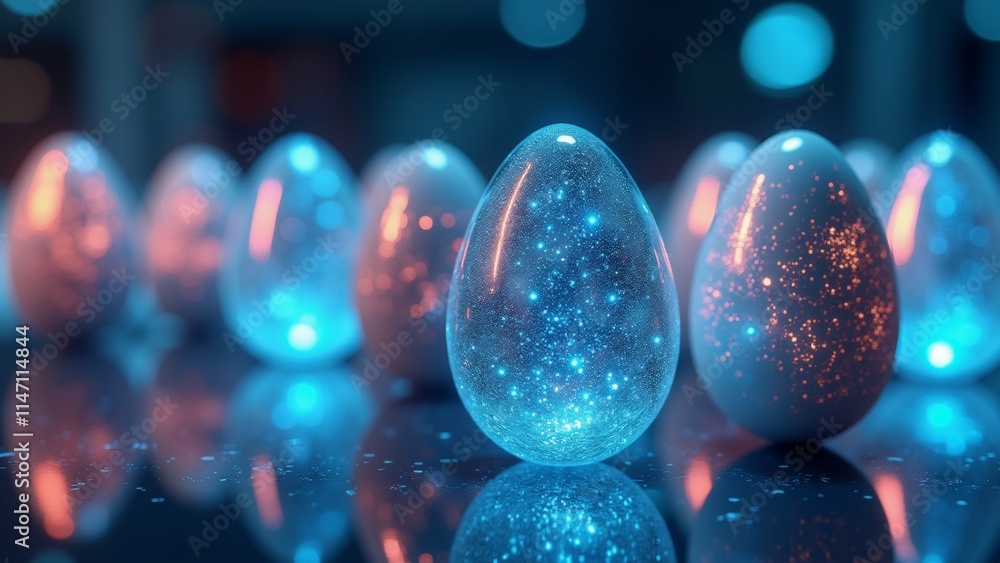 Poster the image shows a group of spherical objects, which appear to be easter eggs, arranged in a row on a