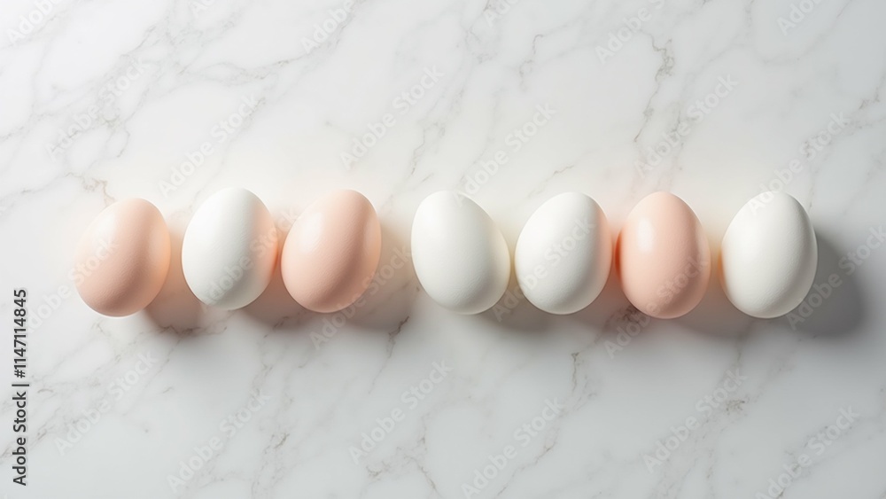 Aufkleber the image shows a row of six eggs arranged in a line on a white marble surface. the eggs are of diff