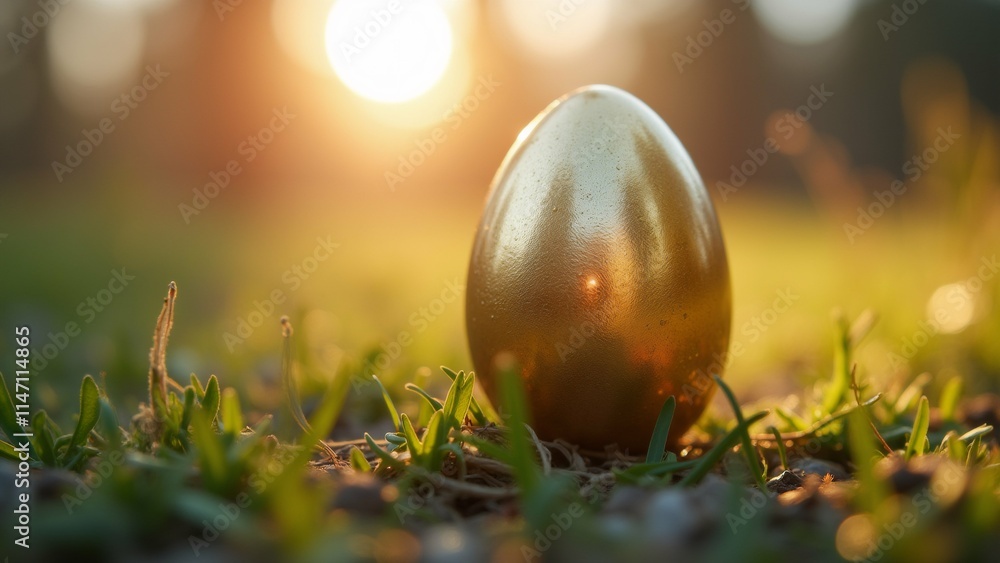 Poster the image shows a single golden egg lying on the ground in a grassy field. the egg is oval-shaped an