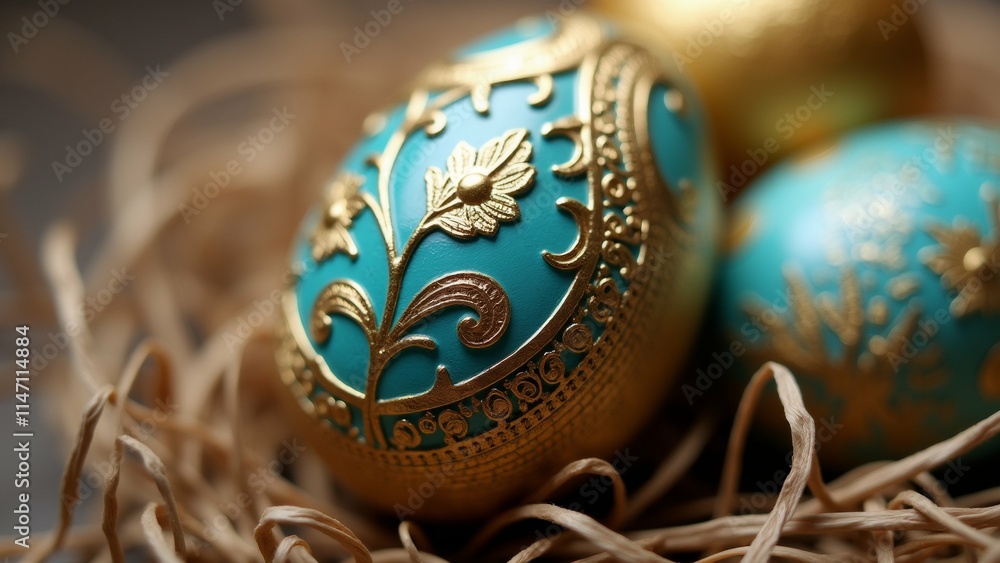 Poster the image shows three easter eggs in a nest. the eggs are round and have a golden color with intrica