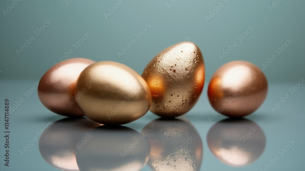 Poster the image shows three golden eggs on a light blue background. the eggs are arranged in a triangular 