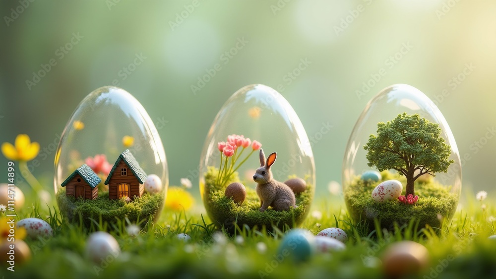 Poster the image shows three transparent easter eggs on a bed of green grass. the eggs are arranged in a tr