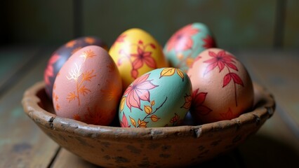 Fototapeta premium The image shows a group of six Easter eggs in a wooden bowl. The eggs are of different colors - pink, orange, yellow, green, blue, and red - and are decorated with intricate floral designs.
