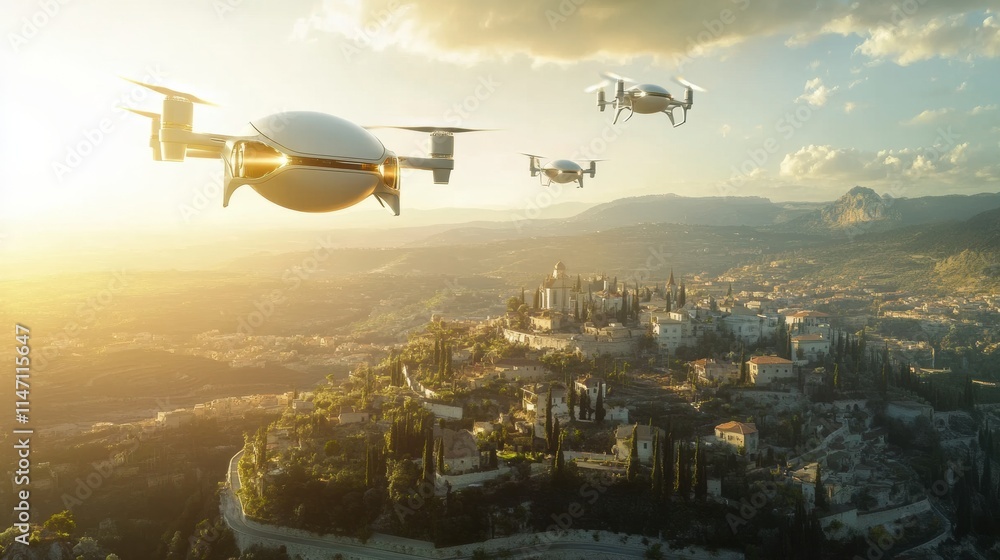 Poster automated drones controlled by ai deliver goods and monitor landscapes over a futuristic city during