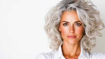 Confident mature woman with gray curly hair.