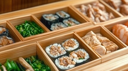 Cozy Bento Boxes With Sushi, Chicken, and Fresh Veggies for a Delightful Meal