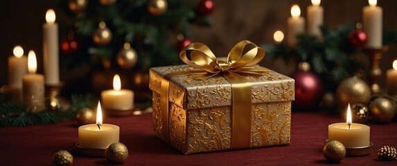 Christmas Gift Box with Candles: Golden gift box with a gold ribbon surrounded by lit candles and Christmas ornaments, creating a warm.