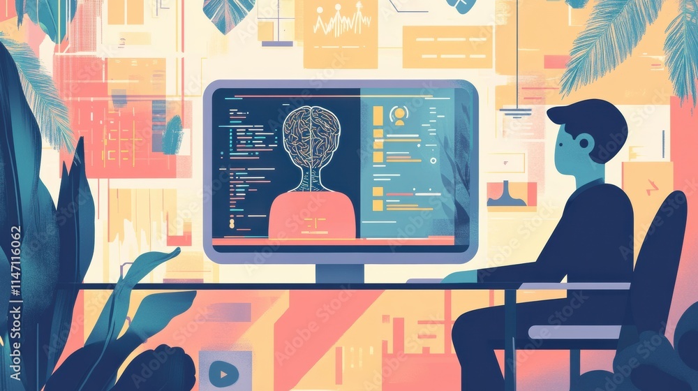 Poster human and ai collaboration in a modern workspace showcasing innovative ideas and technology. generat
