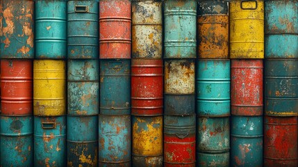 Colorful, rusty barrels stacked in a patterned arrangement.