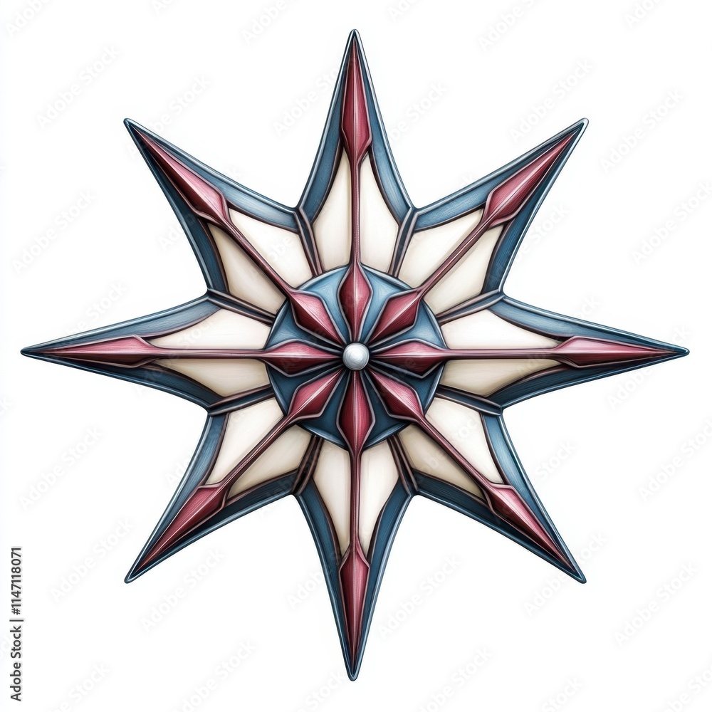 Aufkleber intricate geometric star design with sharp edges and symmetrical patterns in red, blue, and white to