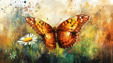 vibrant butterfly with glowing wings resting on daisy flower