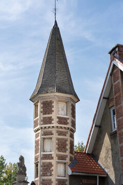Corner tower in traditional flemish architectural style