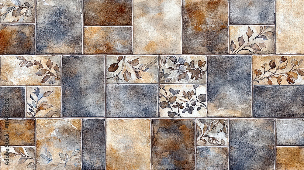 Aufkleber textured abstract tiles with leaf patterns in earthy tones, ideal for interior design and decorative
