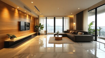 Fototapeta premium Modern living room with elegant design and city view.