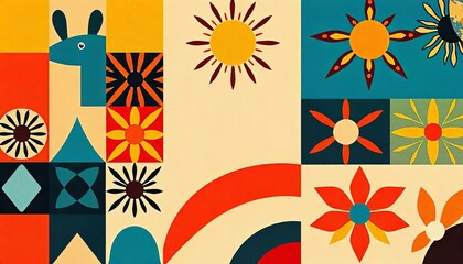 Obraz premium Vibrant Geometric Design with Sun and Flower Motifs