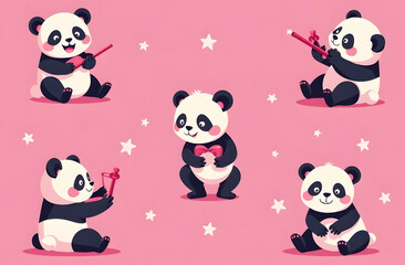 Fototapeta premium Seamless pattern of Panda figures in different poses on transcendent pink background. Wrapping paper concept. Banner. Vector illustration