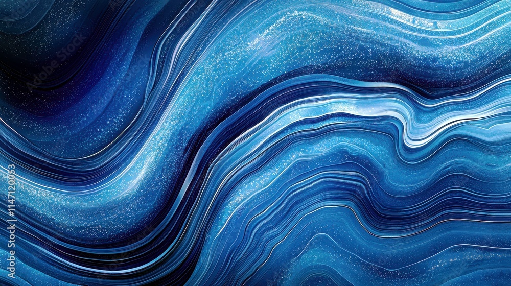 Poster abstract fluid blue waves with sparkling elements displaying a hypnotic and calming effect for moder
