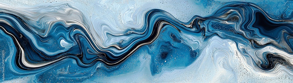 Poster abstract fluid art in blue and white with smooth waves and swirling patterns, ideal for backgrounds 