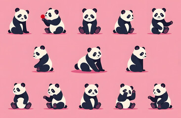 Obraz premium Seamless pattern of Panda figures in different poses on transcendent pink background. Wrapping paper concept. Banner. Vector illustration