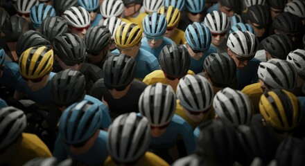 Crowd of cyclists wearing colorful helmets during a race event