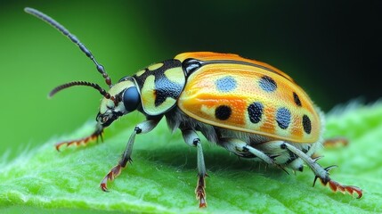 Fototapeta premium Close-up yellow black spotted beetle crawling green leaf macro nature wildlife insect outdoors vivid detail garden background photography