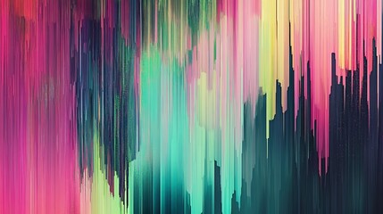 A digital glitch effect with pixelated lines in vibrant hues of green, pink, and blue.